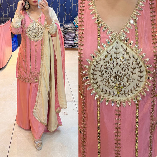 Article 1875 – Tissue Shimmer Palazzo Suit with Real Mirror & Cutdana Handwork