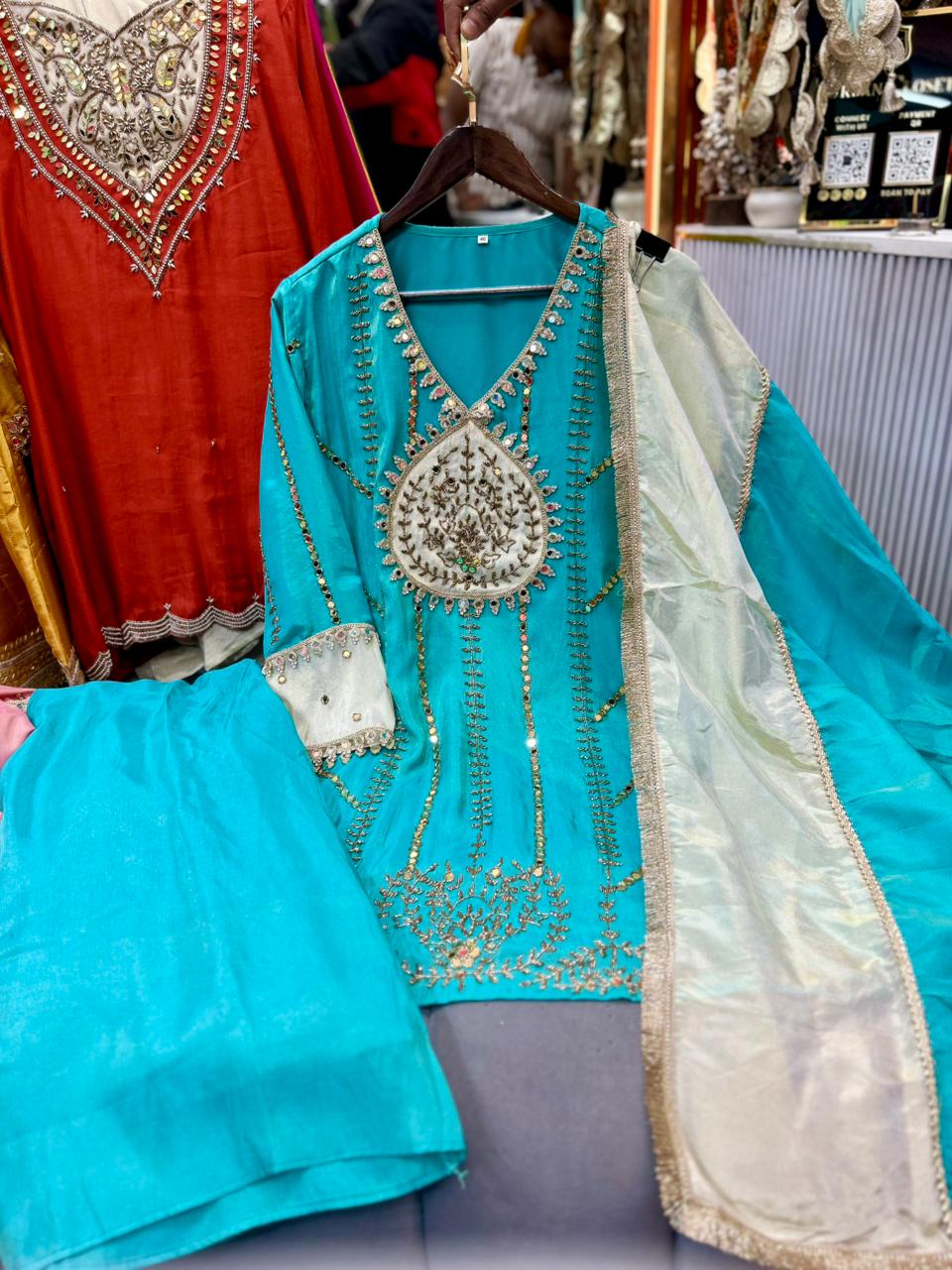 Article 1875 – Tissue Shimmer Palazzo Suit with Real Mirror & Cutdana Handwork