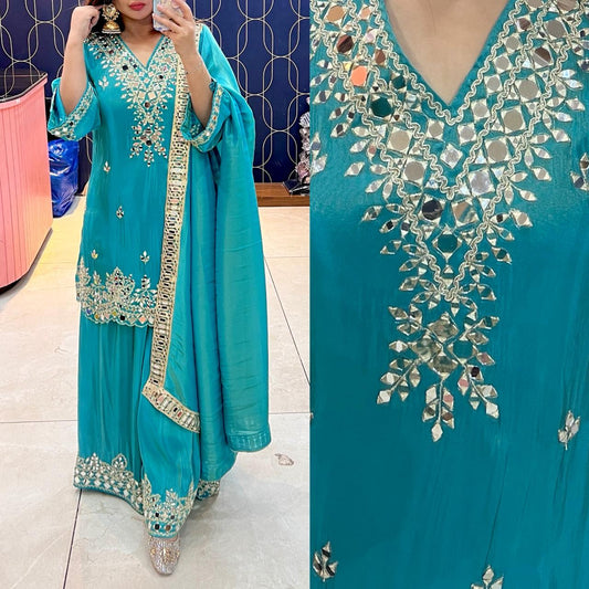 Article 1928 | Tissue Shimmer Heavy Sharara Suit with Real Mirror Work