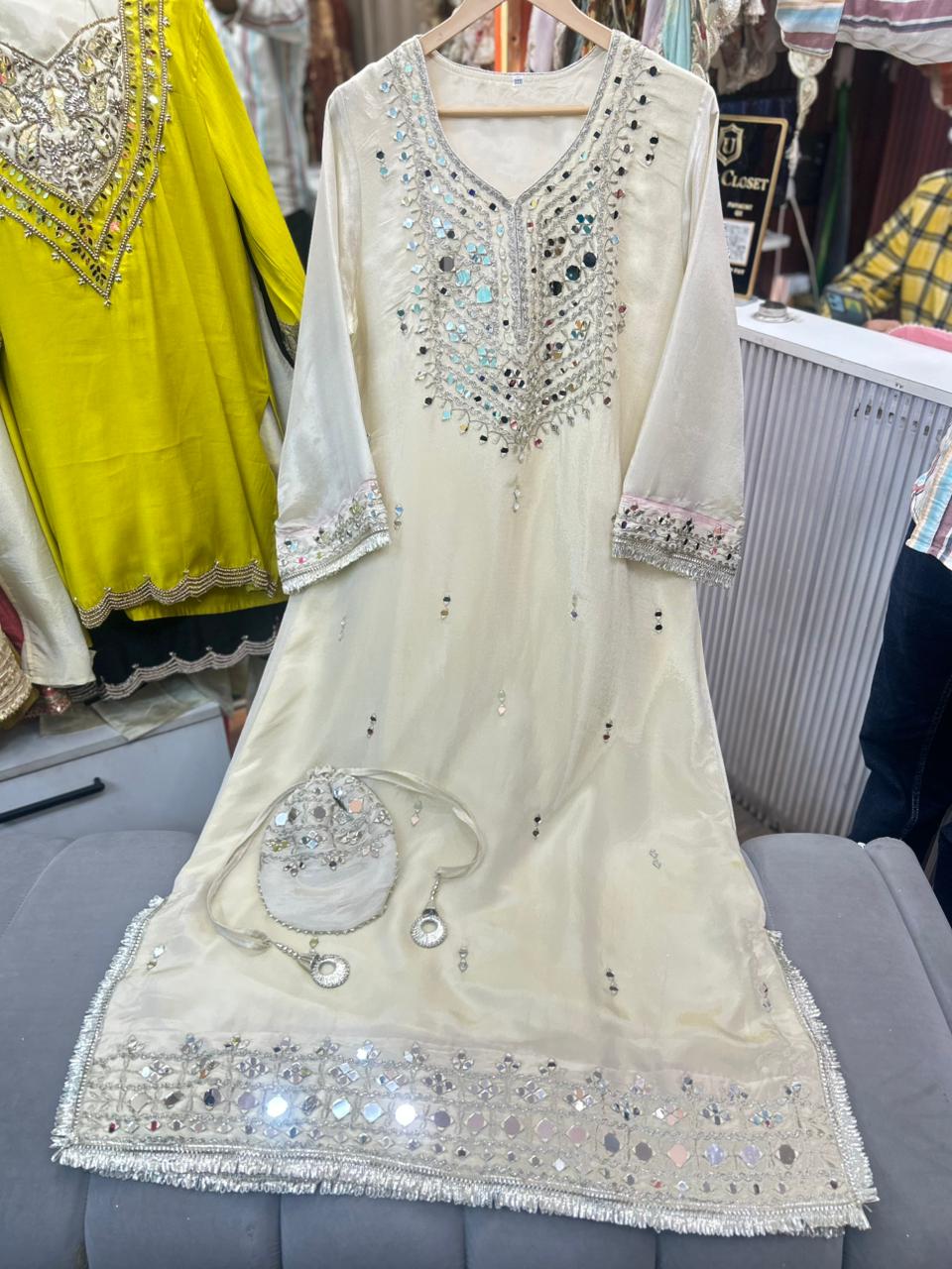 Article 1947 | Pure Tissue Shimmer Long Dress with Real Mirror Work