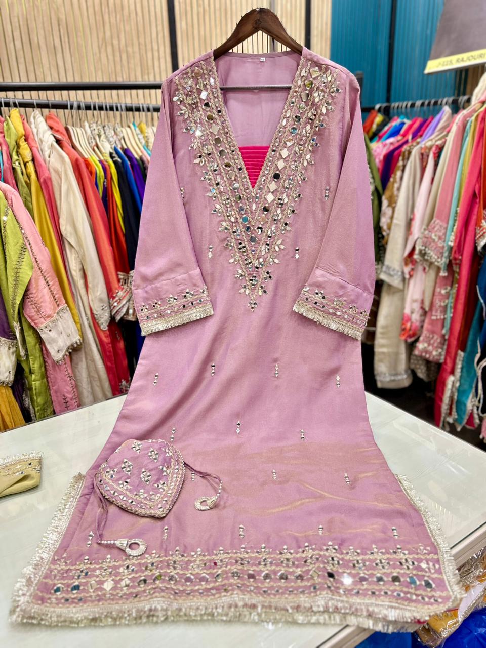 Article 1953 – Pure Tissue Shimmer Long Dress with Real Mirror Work | Premium One-Piece Ethnic Wear | Sizes 40–46