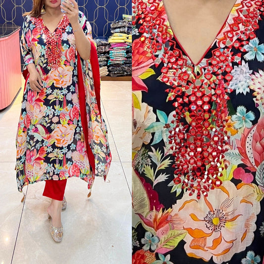 Article 1596 – Floral Kaftan with Real Mirror Handwork