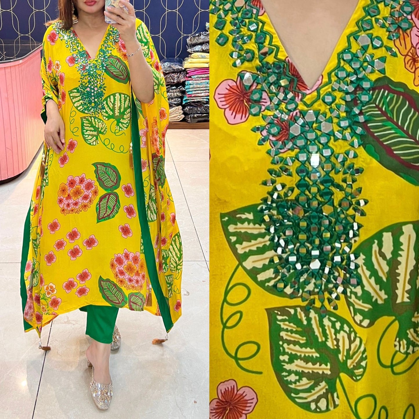 Article 1596 – Floral Ombre Kaftan with Real Mirror Handwork (Yellow & Green)