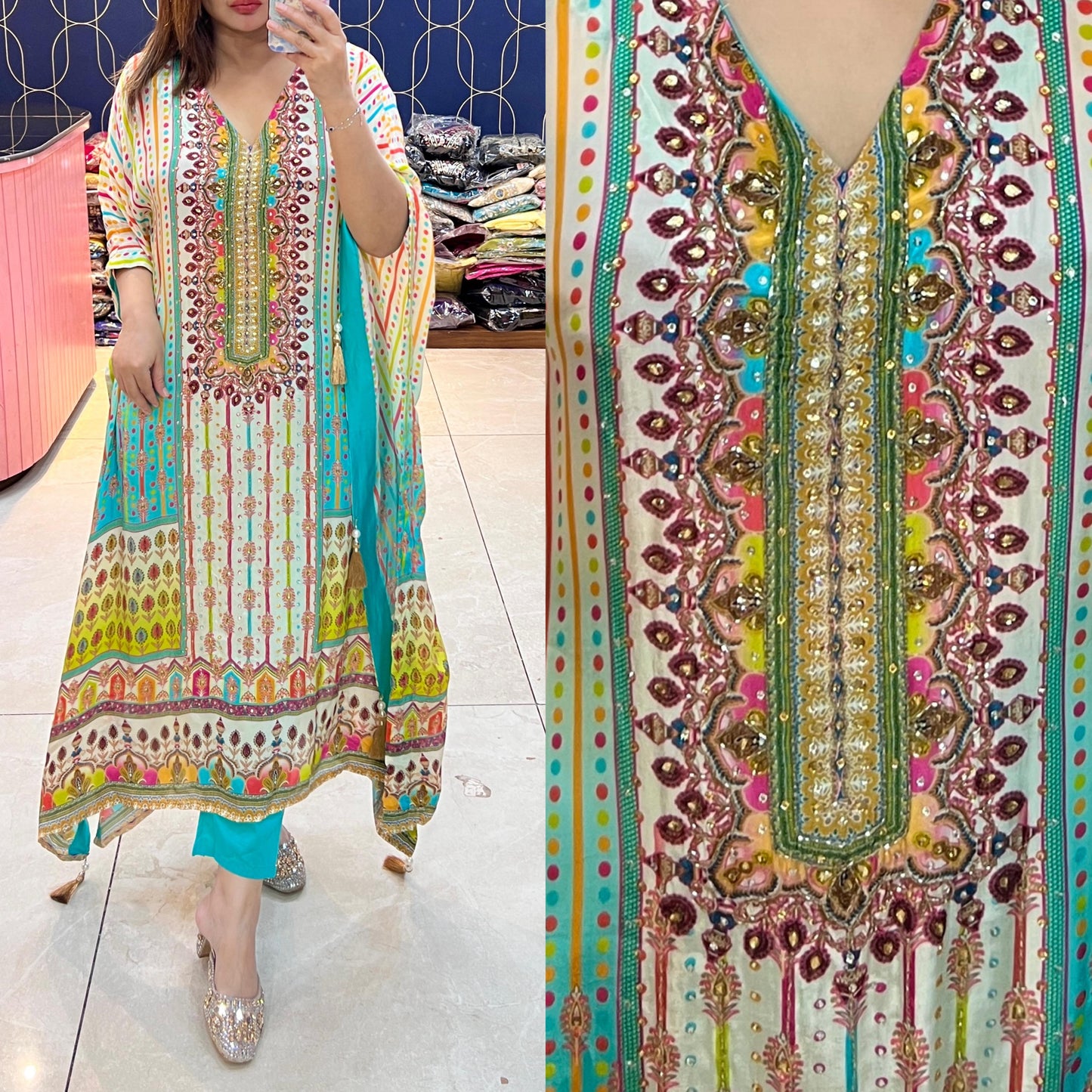 Article – Premium Printed Crepe Kaftan with Bottom & Intricate Handwork | Sizes 40–46
