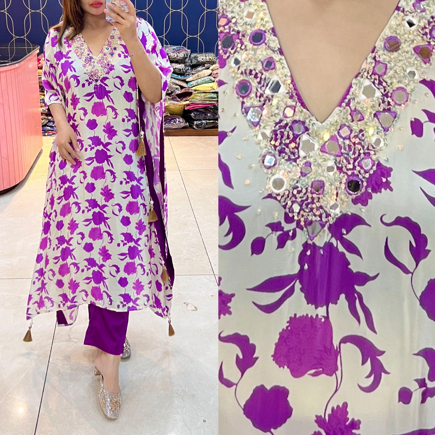 Article – Pure Crepe Fabric Kaftan with Bottom & Beautiful Handwork | Sizes 40–46