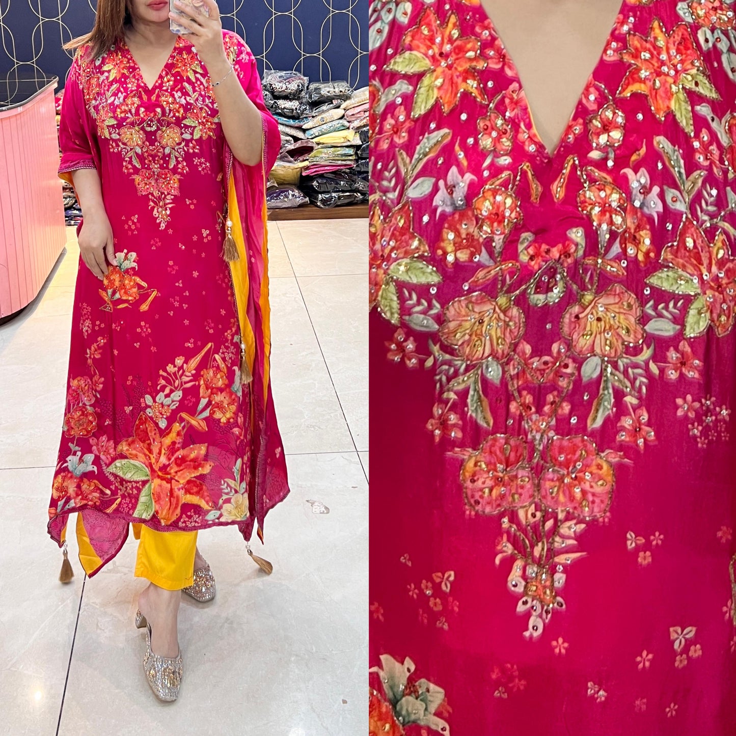 Article – Premium Crepe Fabric Kaftan with Bottom & Hand Embellished Floral Design | Sizes 40–46