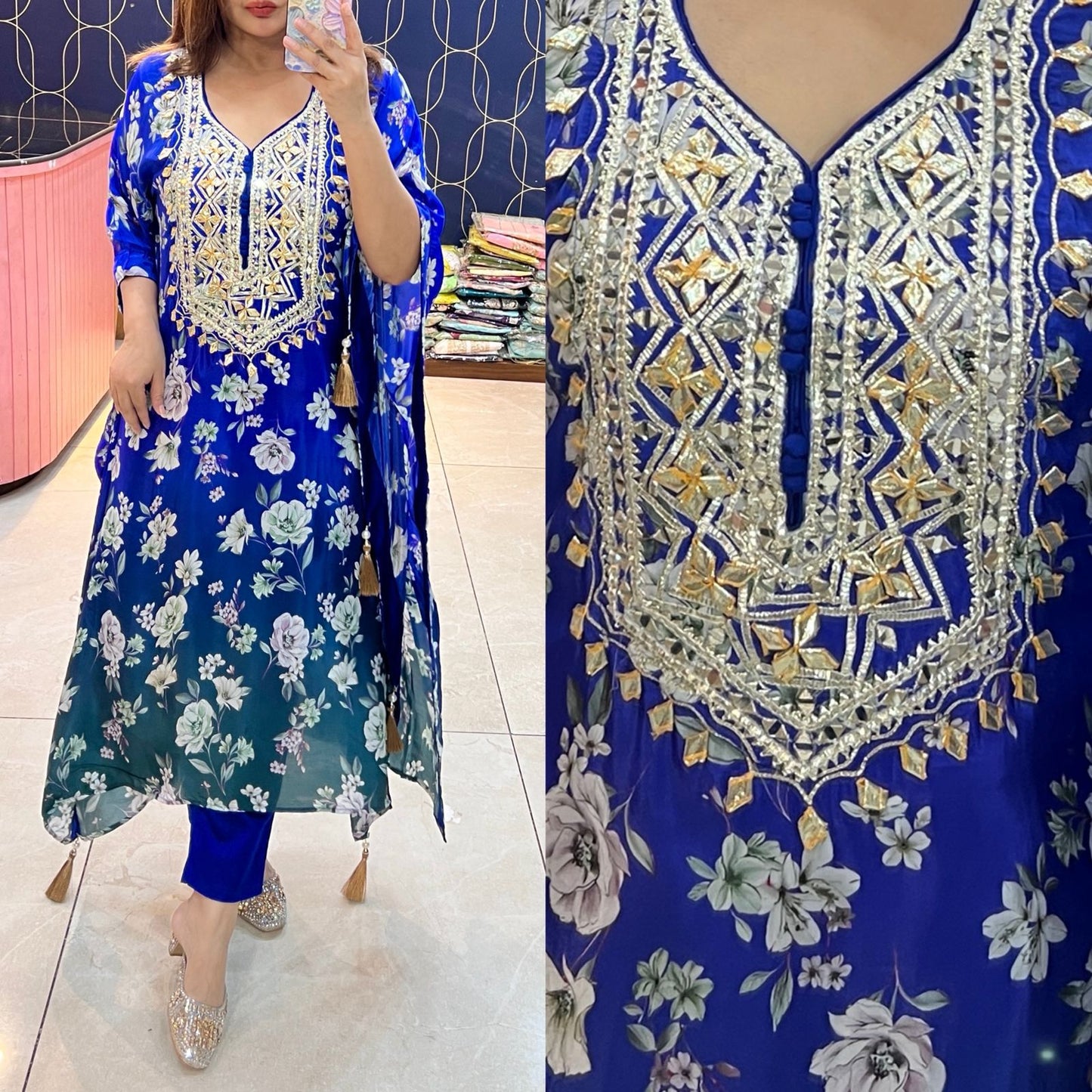 Article 1775 - Pure Crepe Fabric Kaftan with Bottom & Beautiful Gota Patti Work | Sizes 40–46