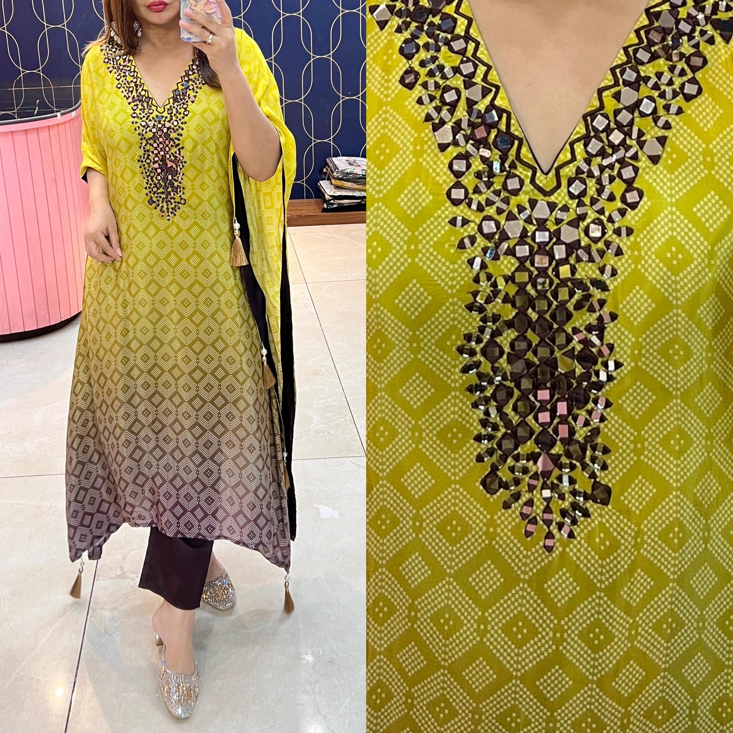 Article 1596 – Pure Crepe Bandhani Ombre Kaftan | Sizes L to 3XL