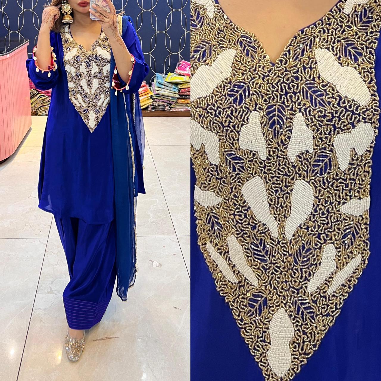 Article 1823 – Pure Crepe Farshi Salwar Suit With Handwork & Cutdana Work | Sizes L–3XL