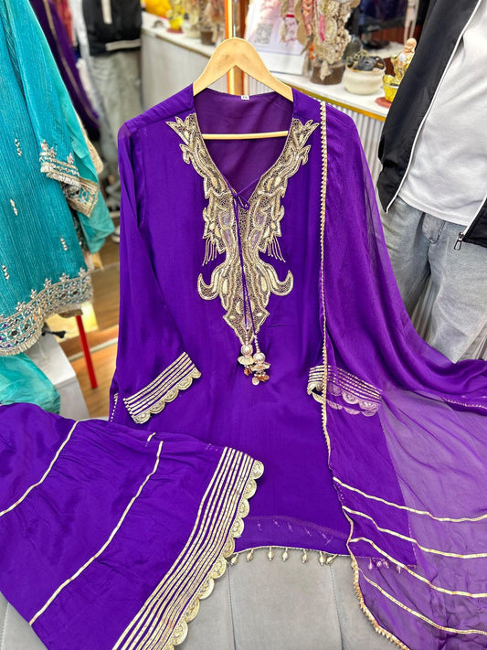 Article 1918 – Pure Chinon Crepe Handwork Sharara Suit | Urban Closet