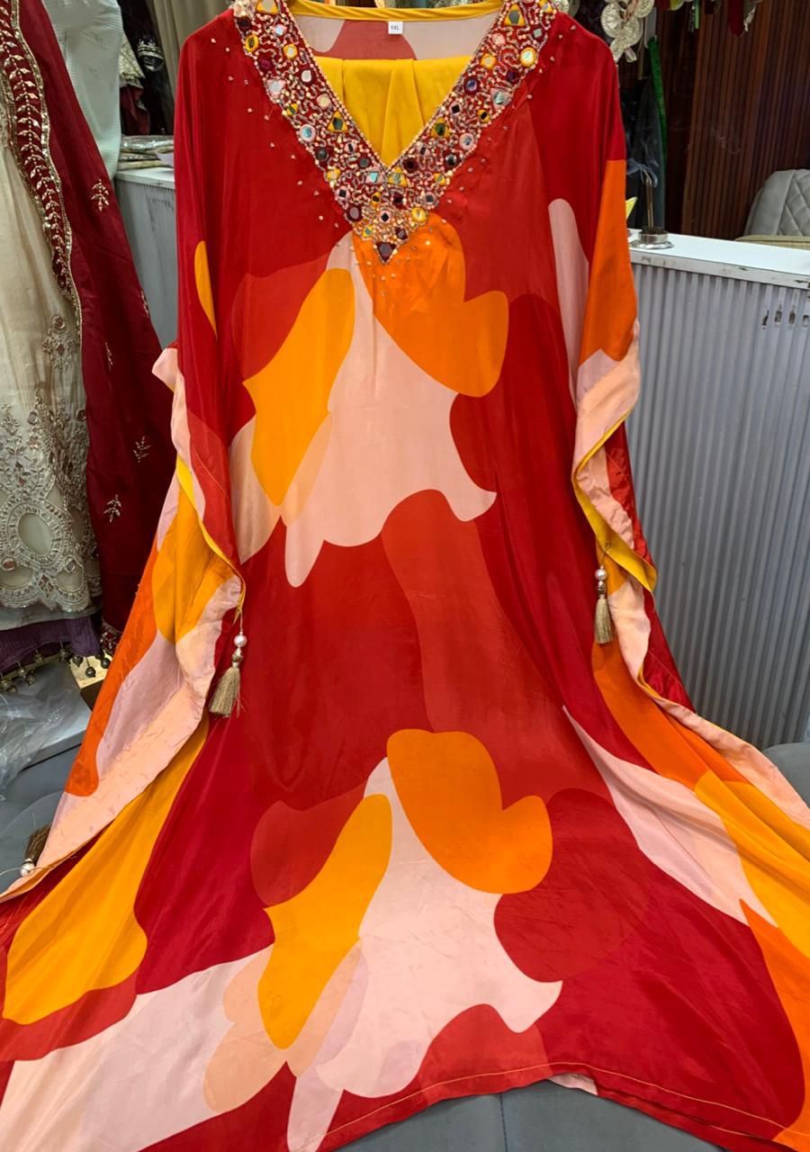 Article 1596 – Pure Crepe Kaftan Style Printed Suit with Mirror Work | Urban Closet | Sizes 40–46