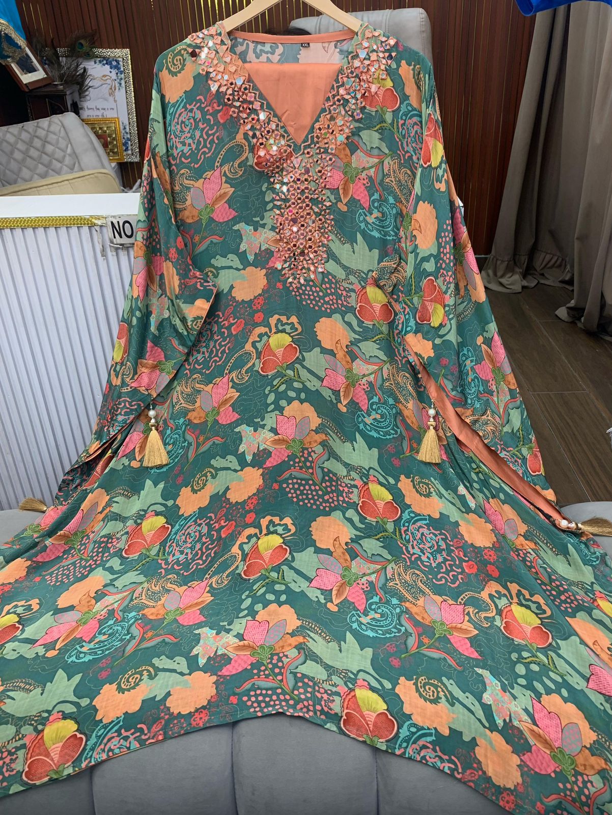 Article 1596 – Floral Kaftan with Real Mirror Handwork
