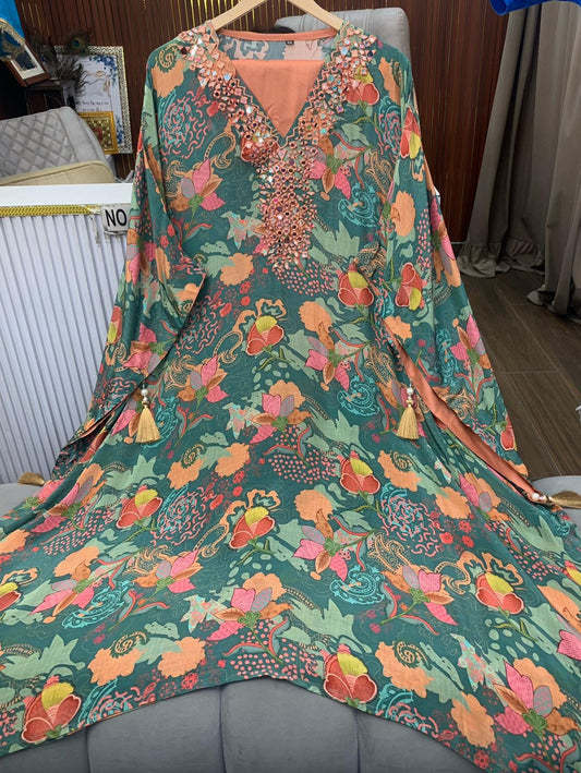 Article 1596 – Floral Kaftan with Real Mirror Handwork