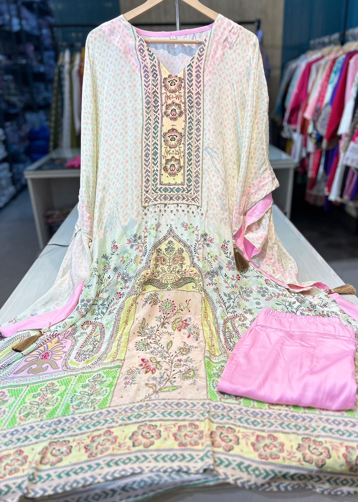 Article 1696 – Pure Crepe Digital Printed Kaftan with Premium Cutdana Handwork | Sizes 40–46 | Urban Closet