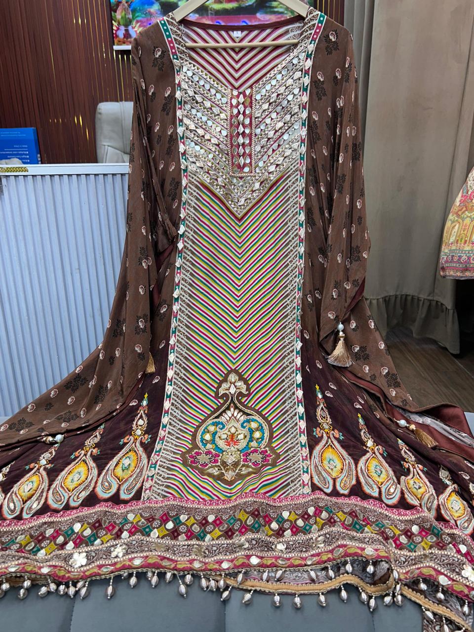 Article 1826 – Luxury Pure Crepe Kaftan with Handcrafted Gotta Patti Embroidery | Sizes 40–46 | Urban Closet