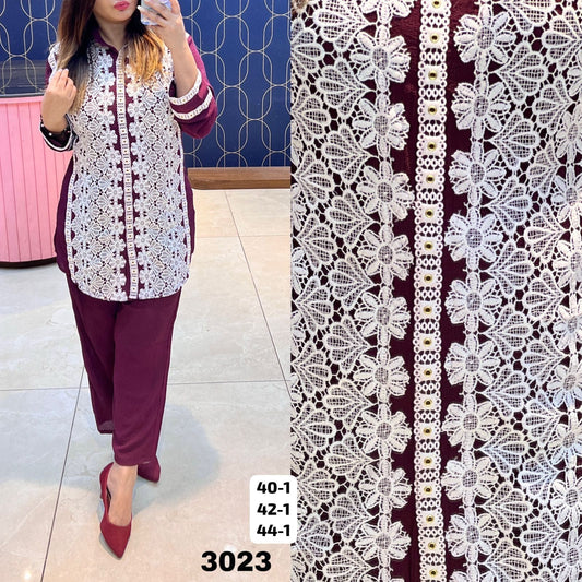 Article 3023 – Premium Georgette Crochet Cordset for Women | Designer Co-ord Set | Sizes 40–44