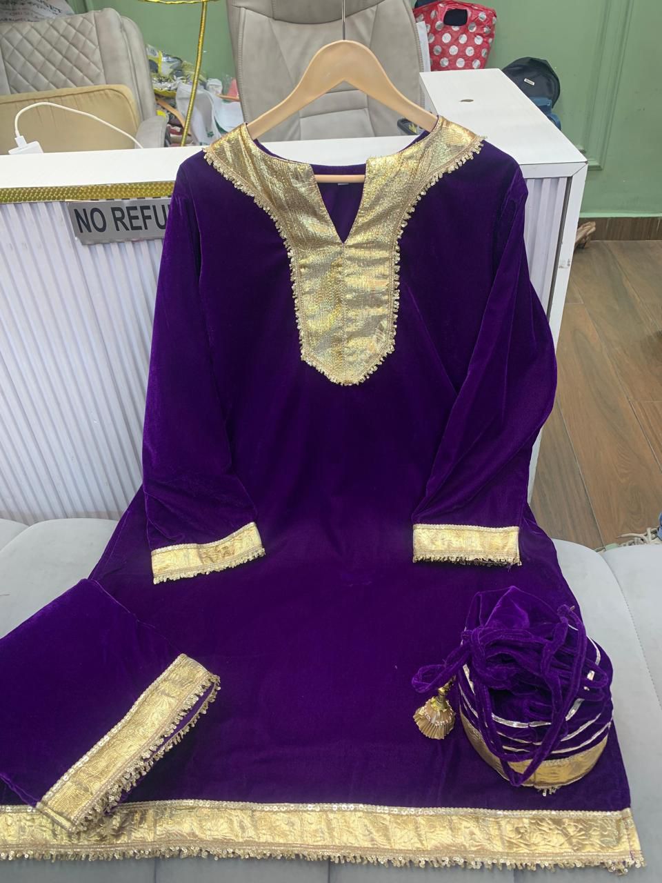 Article 1089 – Velvet Cord Set with Potli | Premium Velvet Gota Work Set (Sizes 40–46)