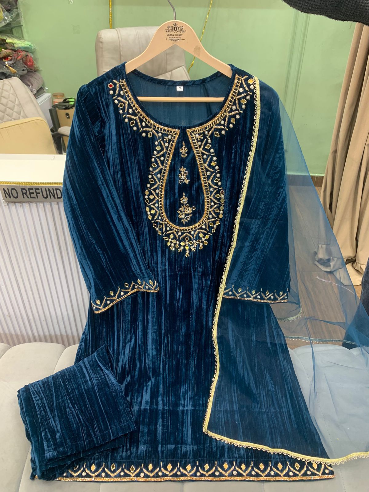 Crushed Velvet Handwork Suit with Organza Dupatta | Premium Festive Wear | Urban Closet