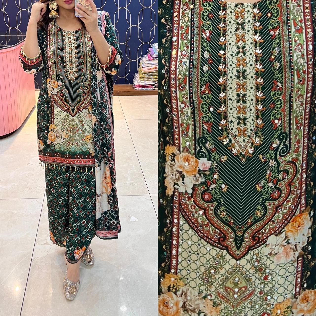 Article 1837 – Pure Crepe Digital Printed Suit with Handwork | Designer Suit | Sizes 38–44