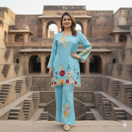 Article 1620 | Tissue Shimmer Fabric Cord Set with Floral Embroidery & Bell Bottom Pants