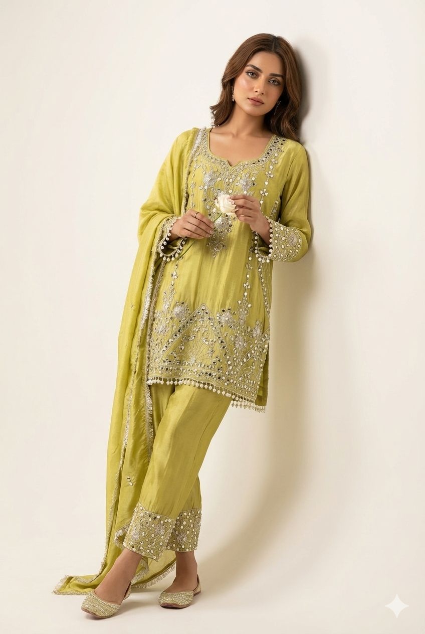 Article 1964 – Premium Tissue Shimmer Straight Suit with Real Mirror, Gotta Patti & Pearl Work | Sizes 40–46