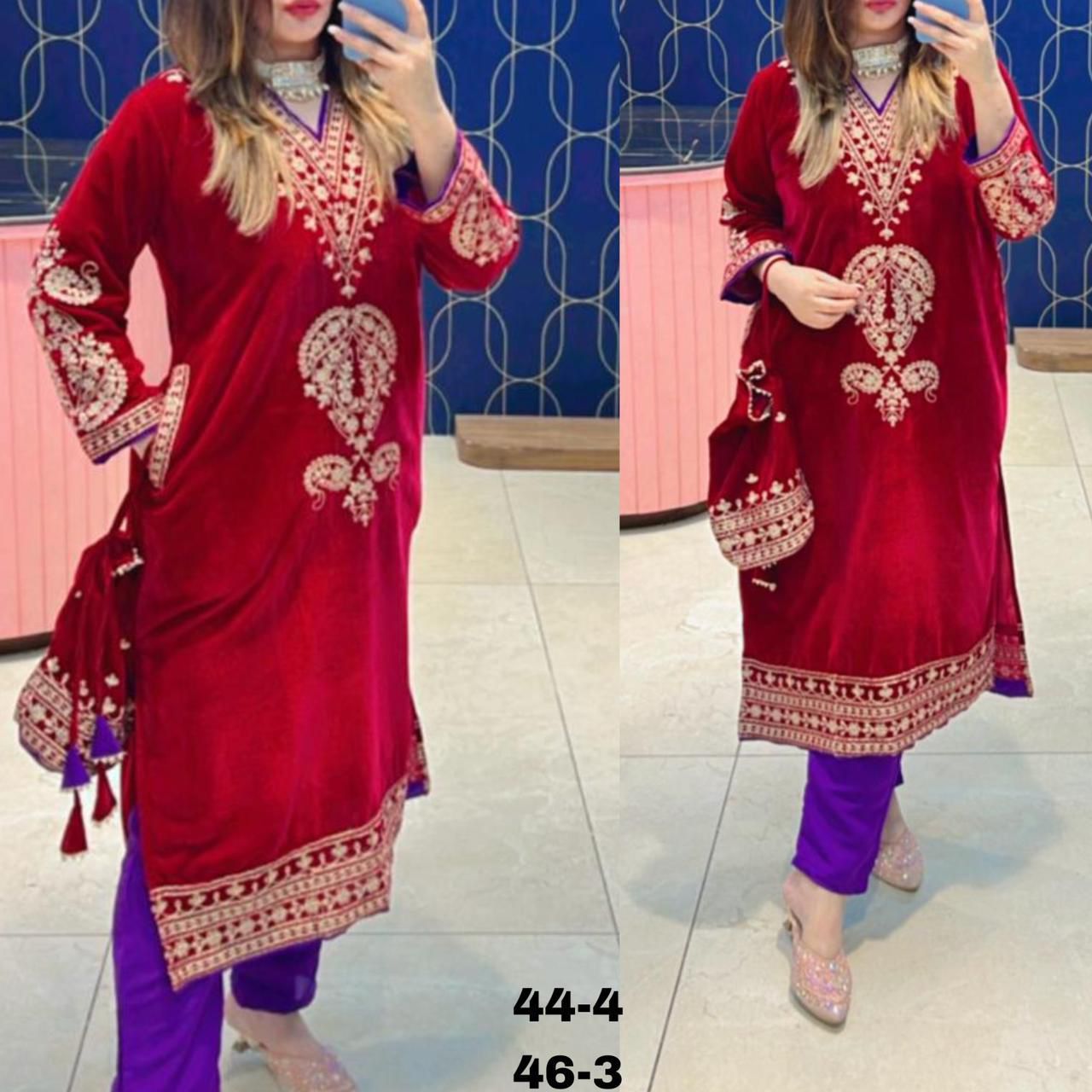 Article 1191 – Pure Velvet Pakistani Pheran Cordset with Embroidery & Matching Potli | Sizes 40–46