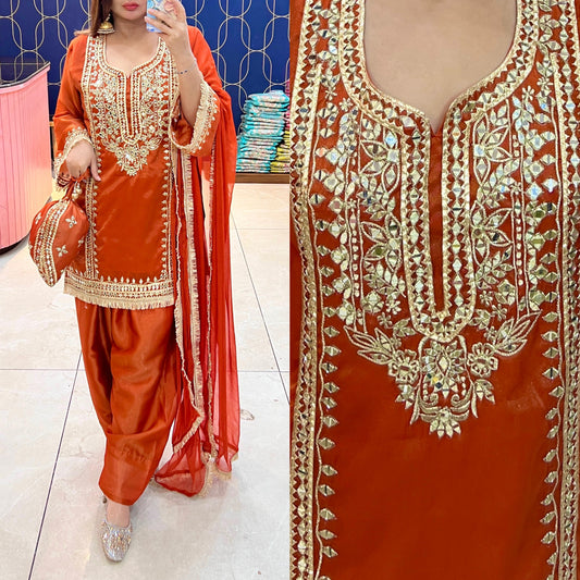 Article 1915 – Pure Glass Tissue Fabric Farshi Salwar Suit with Chiffon Dupatta & Mirror Work | Sizes 40–46