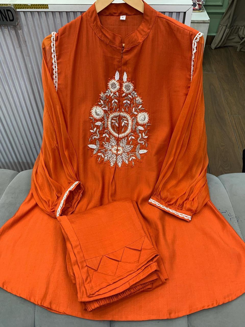 Article 1275 – Chiffon Sleeves Cord Set with Handwork & Designer Pant | Urban Closet