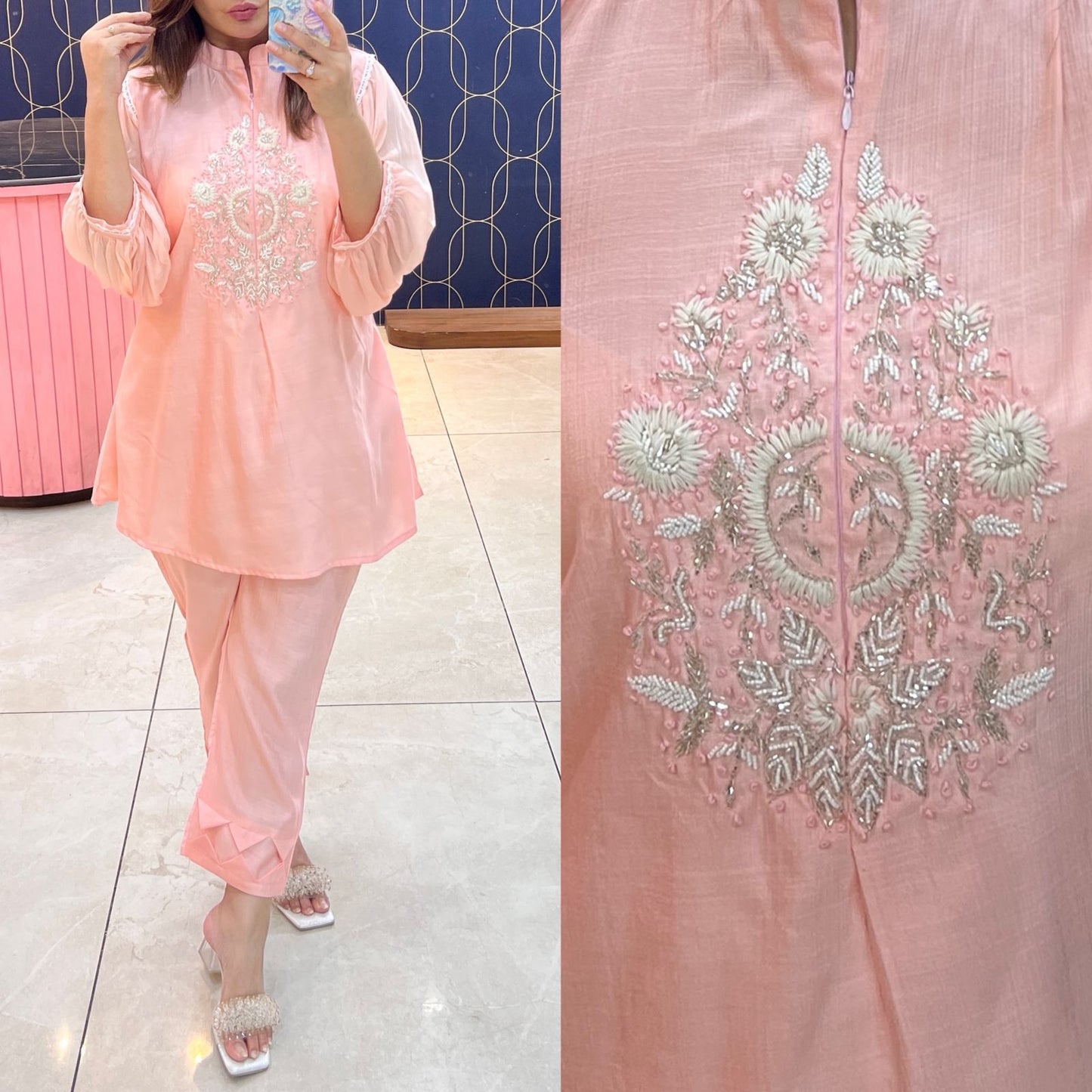 Article 1275 – Chiffon Sleeves Cord Set with Handwork & Designer Pant | Urban Closet