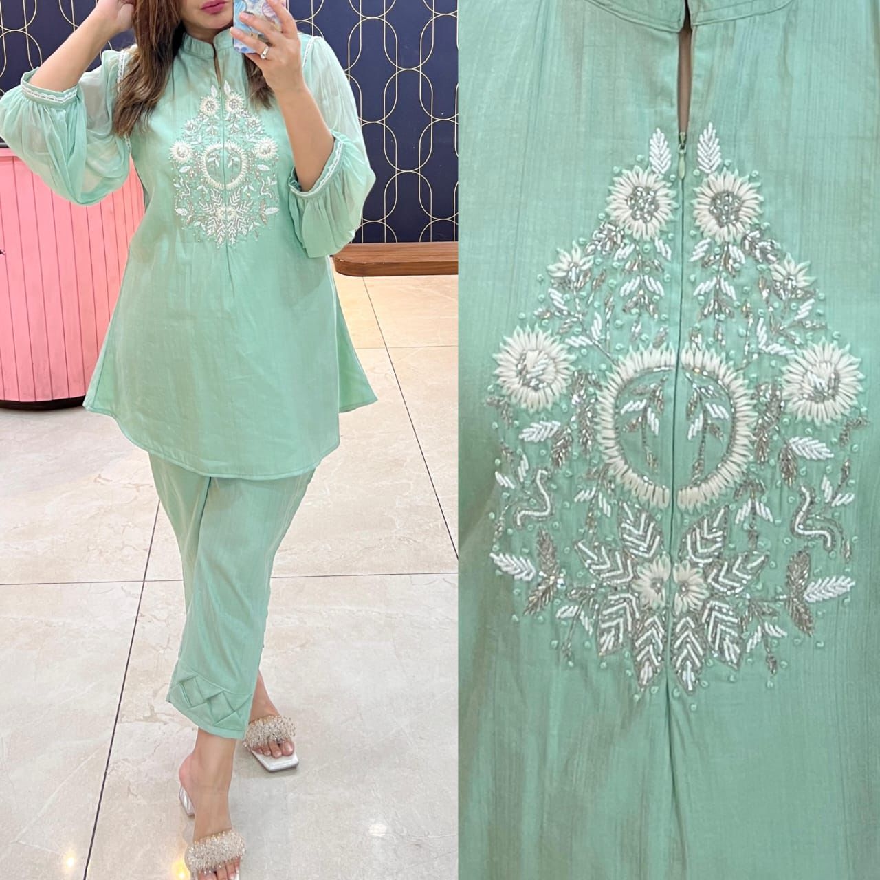 Article 1275 – Chiffon Sleeves Cord Set with Handwork & Designer Pant | Urban Closet