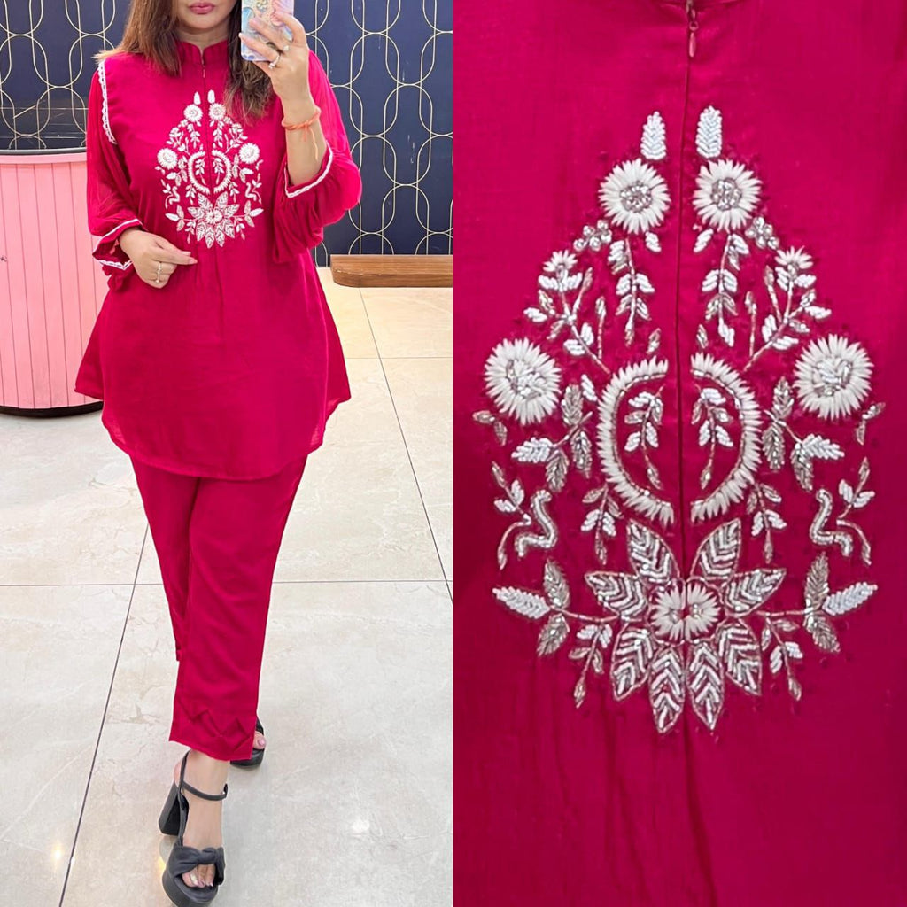 Article 1275 – Chiffon Sleeves Cord Set with Handwork & Designer Pant | Urban Closet