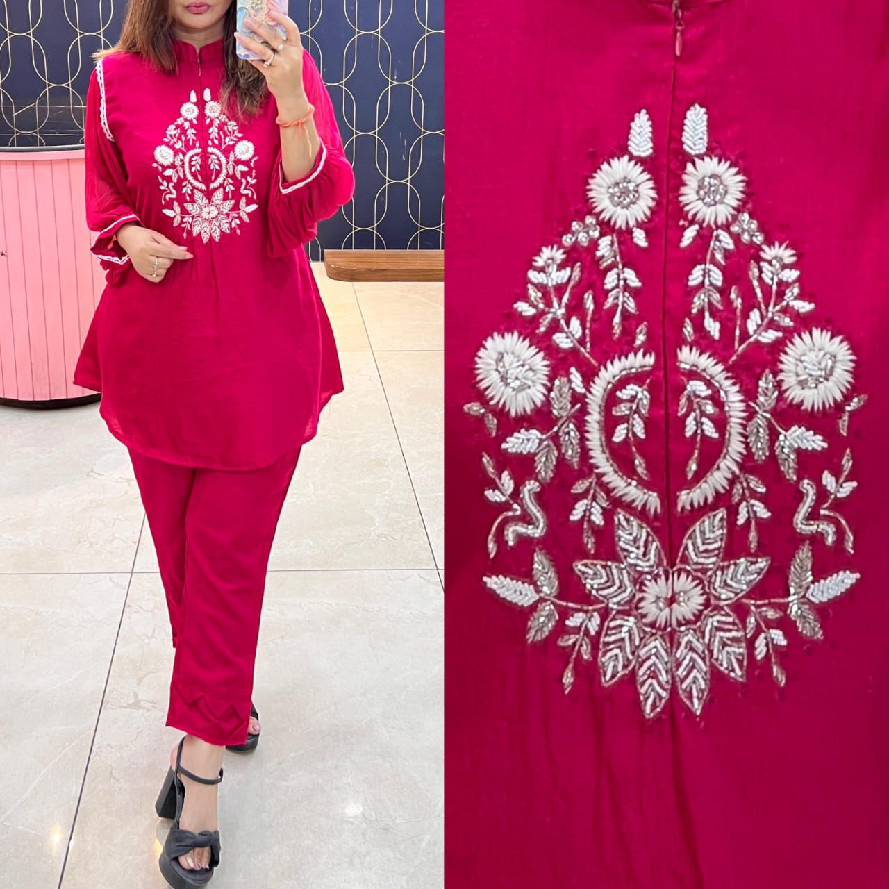 Article 1275 – Chiffon Sleeves Cord Set with Handwork & Designer Pant | Urban Closet