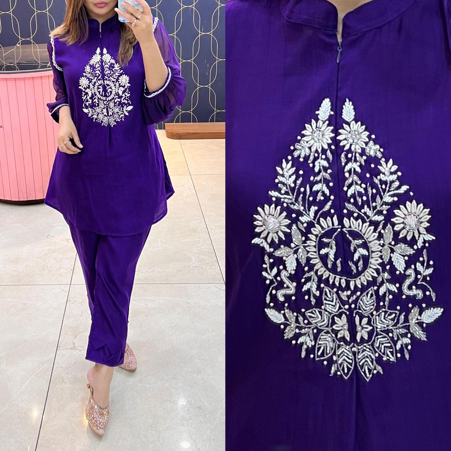 Article 1275 – Chiffon Sleeves Cord Set with Handwork & Designer Pant | Urban Closet