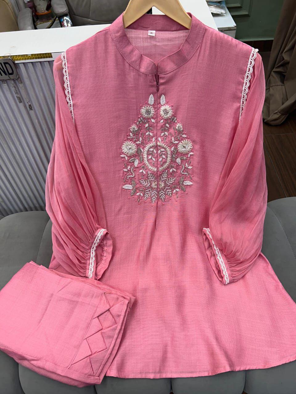 Article 1275 – Chiffon Sleeves Cord Set with Handwork & Designer Pant | Urban Closet