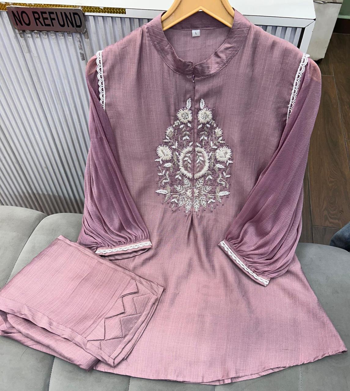 Article 1275 – Chiffon Sleeves Cord Set with Handwork & Designer Pant | Urban Closet