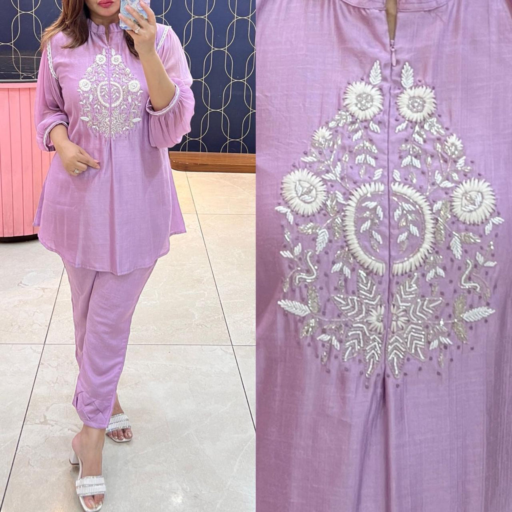 Article 1275 – Chiffon Sleeves Cord Set with Handwork & Designer Pant | Urban Closet
