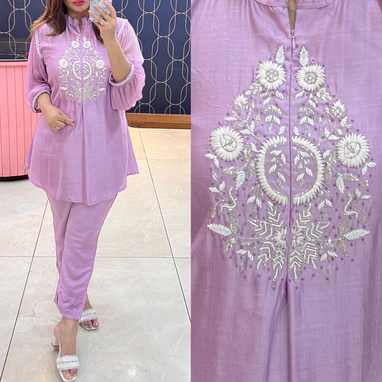 Article 1275 – Chiffon Sleeves Cord Set with Handwork & Designer Pant | Urban Closet