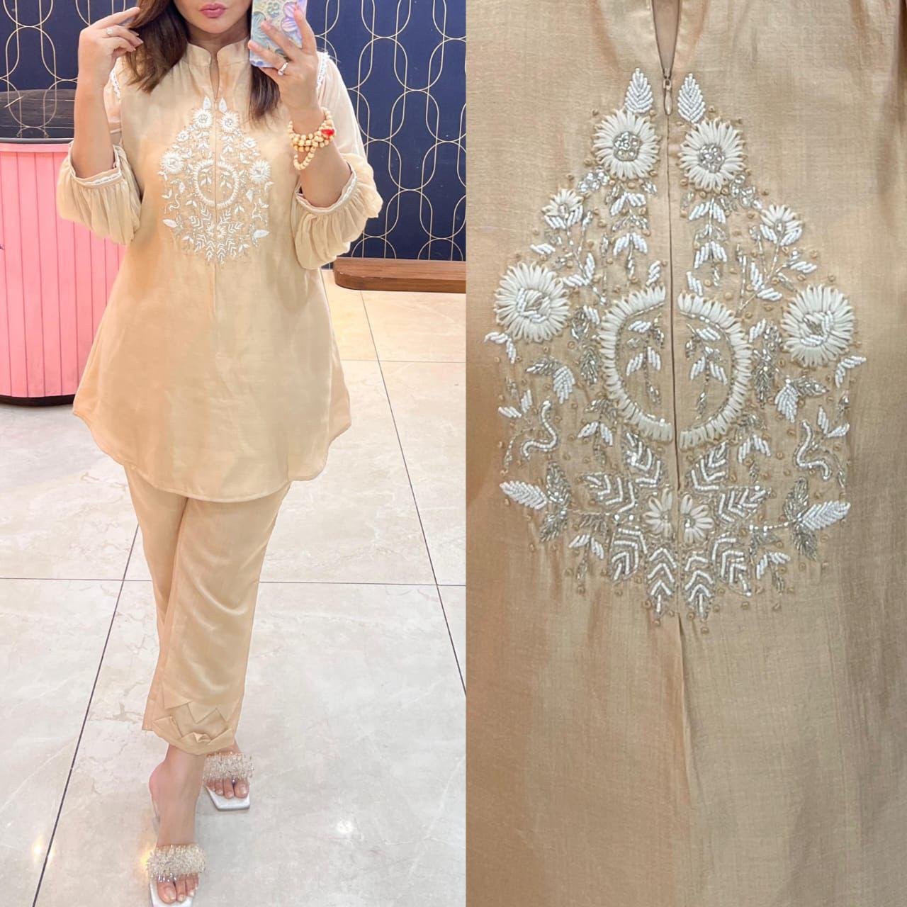 Article 1275 – Chiffon Sleeves Cord Set with Handwork & Designer Pant | Urban Closet