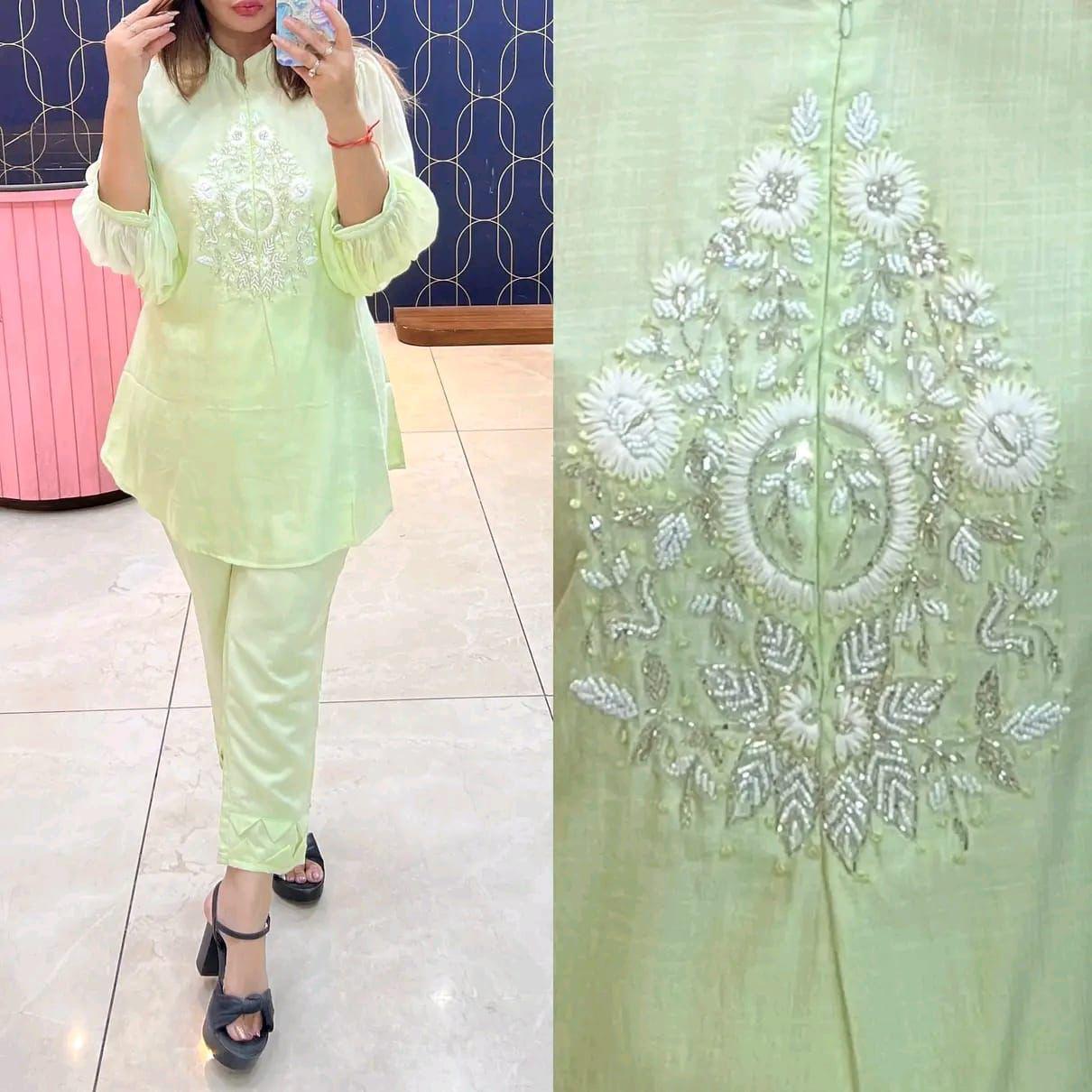 Article 1275 – Chiffon Sleeves Cord Set with Handwork & Designer Pant | Urban Closet