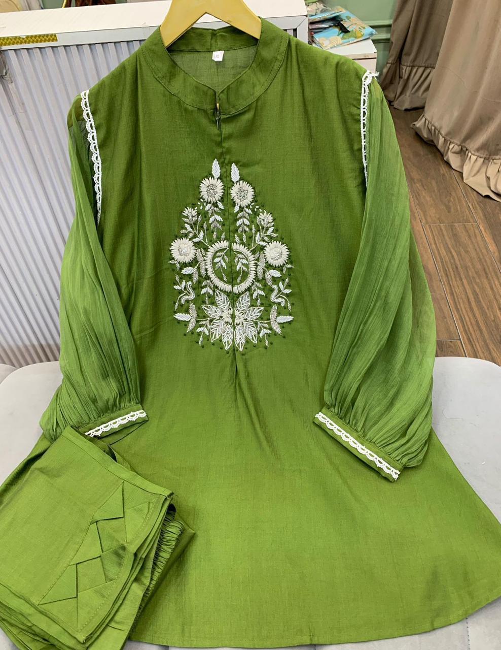 Article 1275 – Chiffon Sleeves Cord Set with Handwork & Designer Pant | Urban Closet