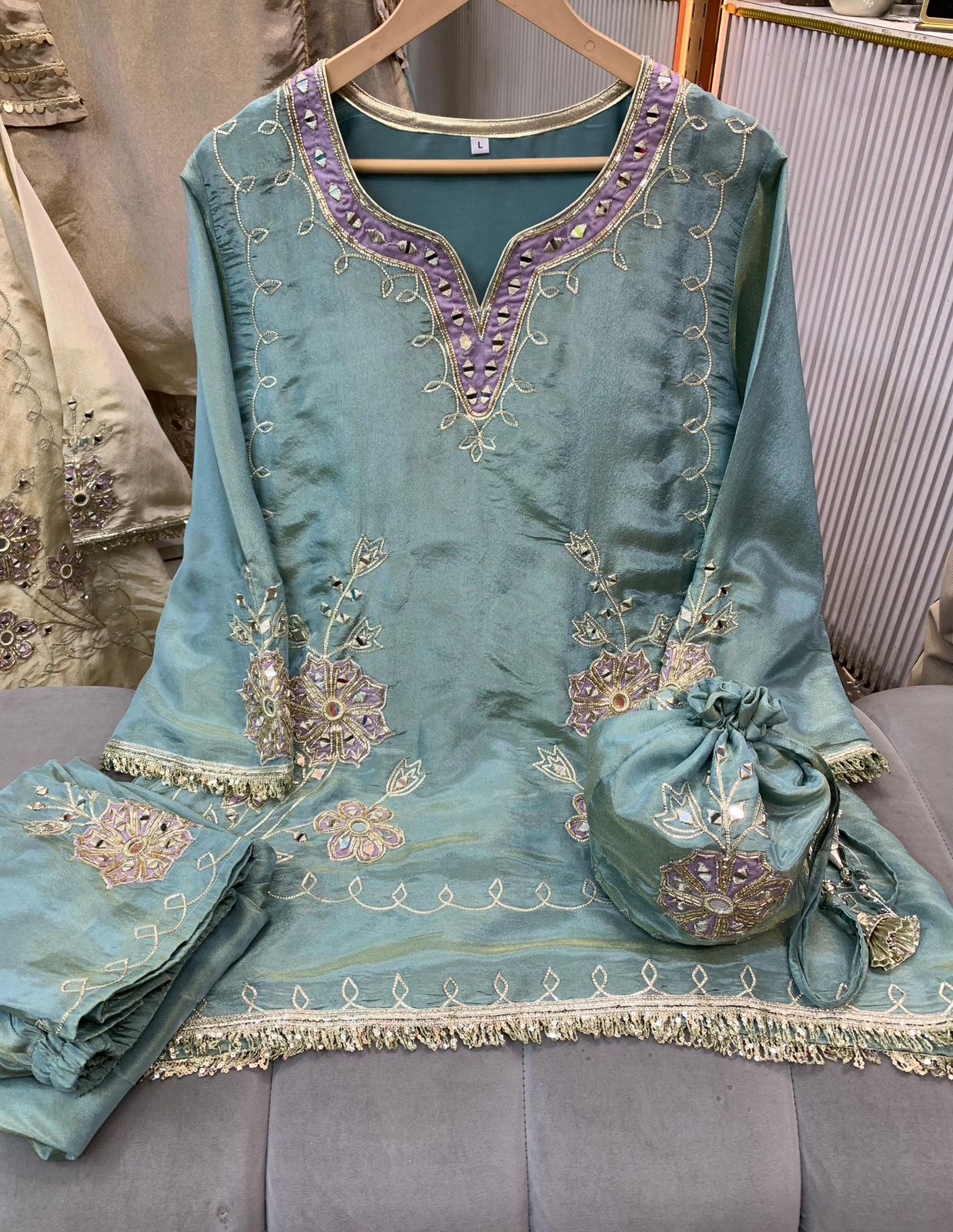 Article 1500 | Tissue Shimmer Suit with Real Mirror & Gotta Patti Work