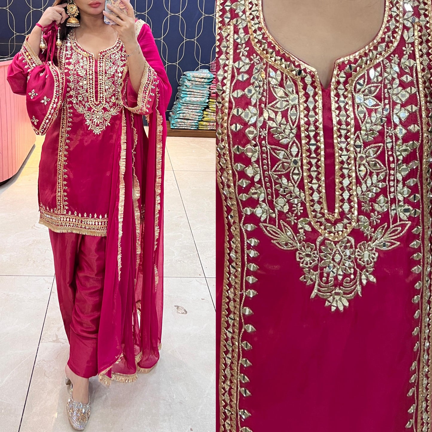 Article 1915 – Pure Glass Tissue Fabric Farshi Salwar Suit with Chiffon Dupatta & Mirror Work | Sizes 40–46