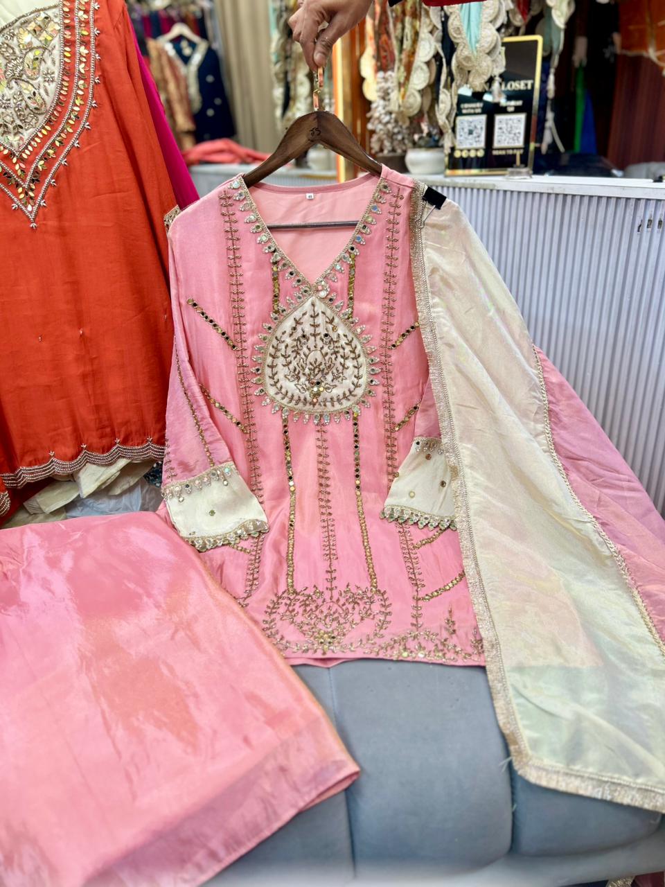 Article 1875 – Tissue Shimmer Palazzo Suit with Real Mirror & Cutdana Handwork