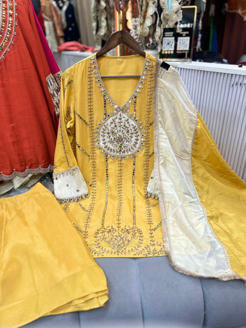 Article 1875 – Tissue Shimmer Palazzo Suit with Real Mirror & Cutdana Handwork