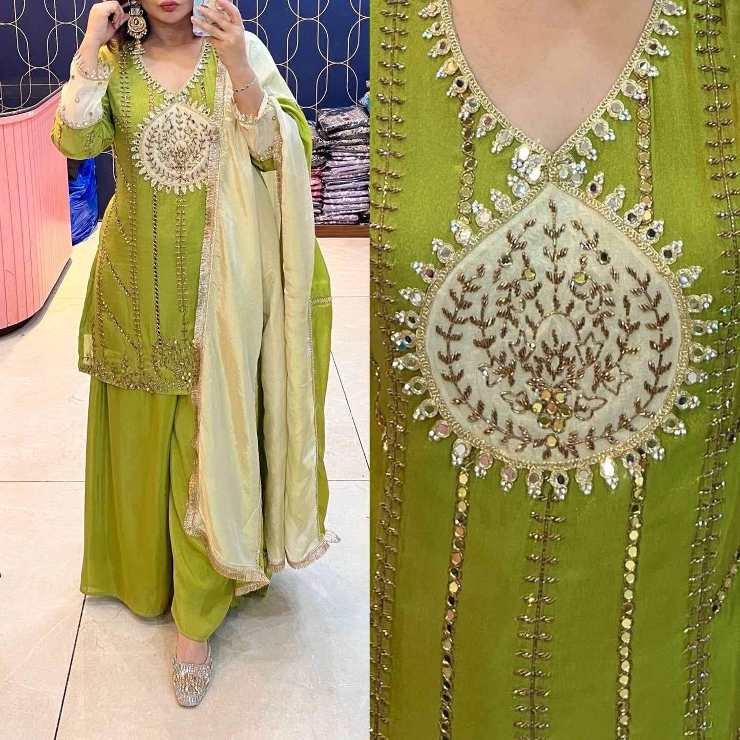 Article 1875 – Tissue Shimmer Palazzo Suit with Real Mirror & Cutdana Handwork