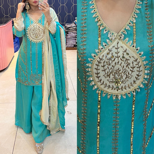 Article 1875 – Tissue Shimmer Palazzo Suit with Real Mirror & Cutdana Handwork