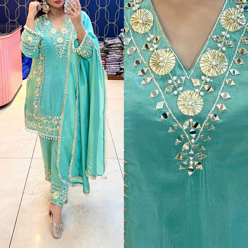 Article 1917 – Tissue Shimmer Suit with Real Mirror & Pearl Work and Dupatta | Premium Festive Wear
