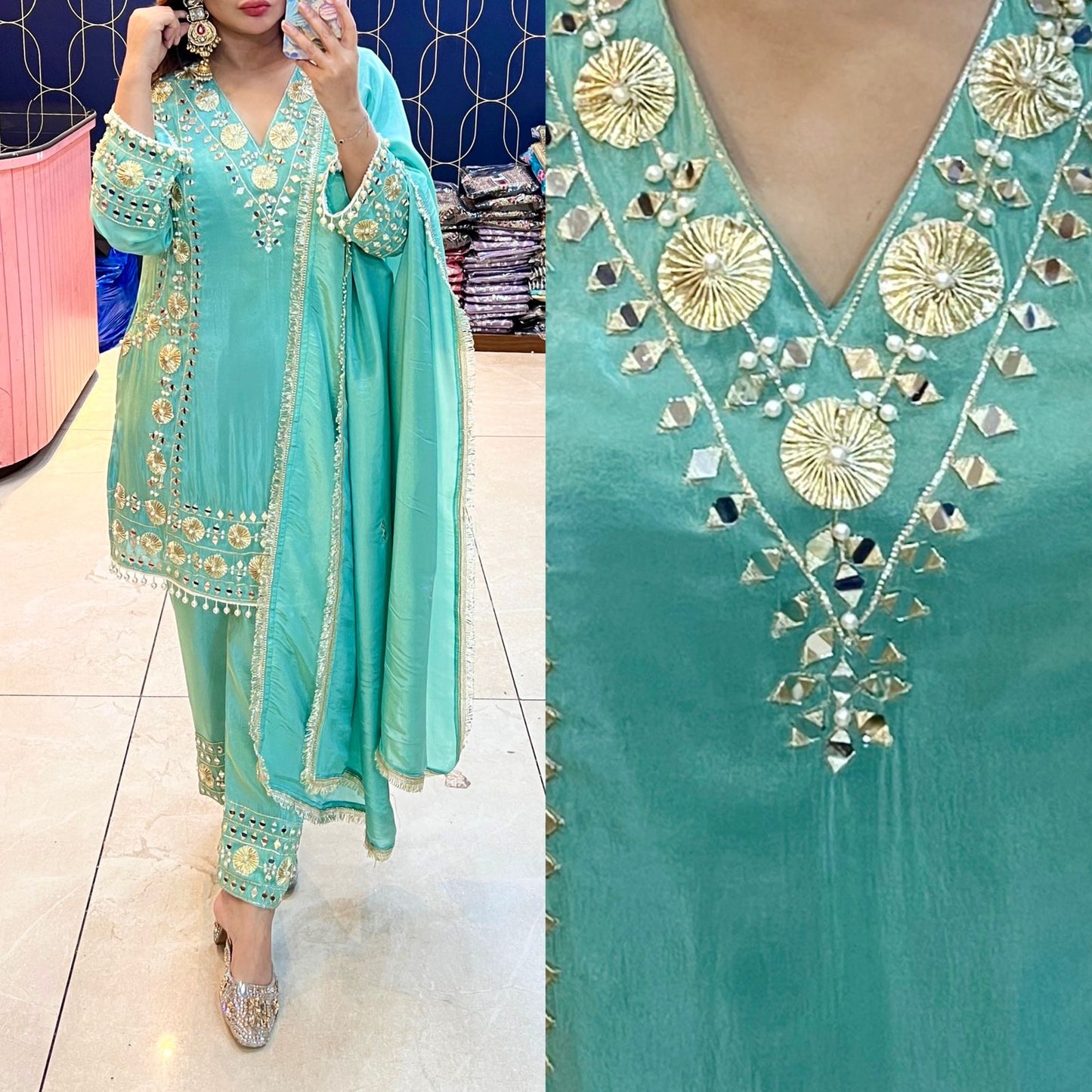 Article 1917 – Tissue Shimmer Suit with Real Mirror & Pearl Work and Dupatta | Premium Festive Wear