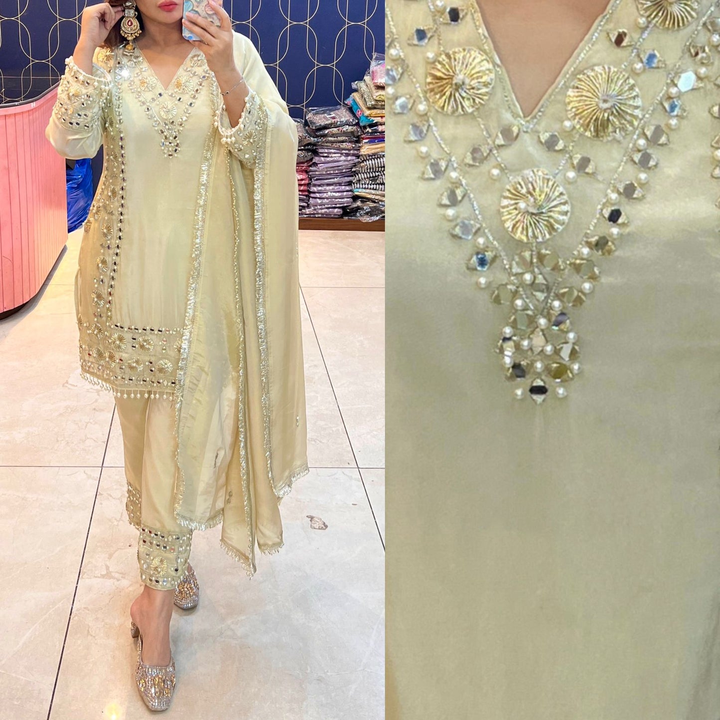 Article 1917 – Tissue Shimmer Suit with Real Mirror & Pearl Work and Dupatta | Premium Festive Wear