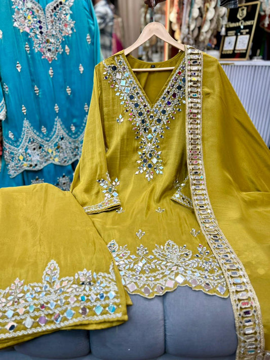 Article 1928 | Tissue Shimmer Heavy Sharara Suit with Real Mirror Work